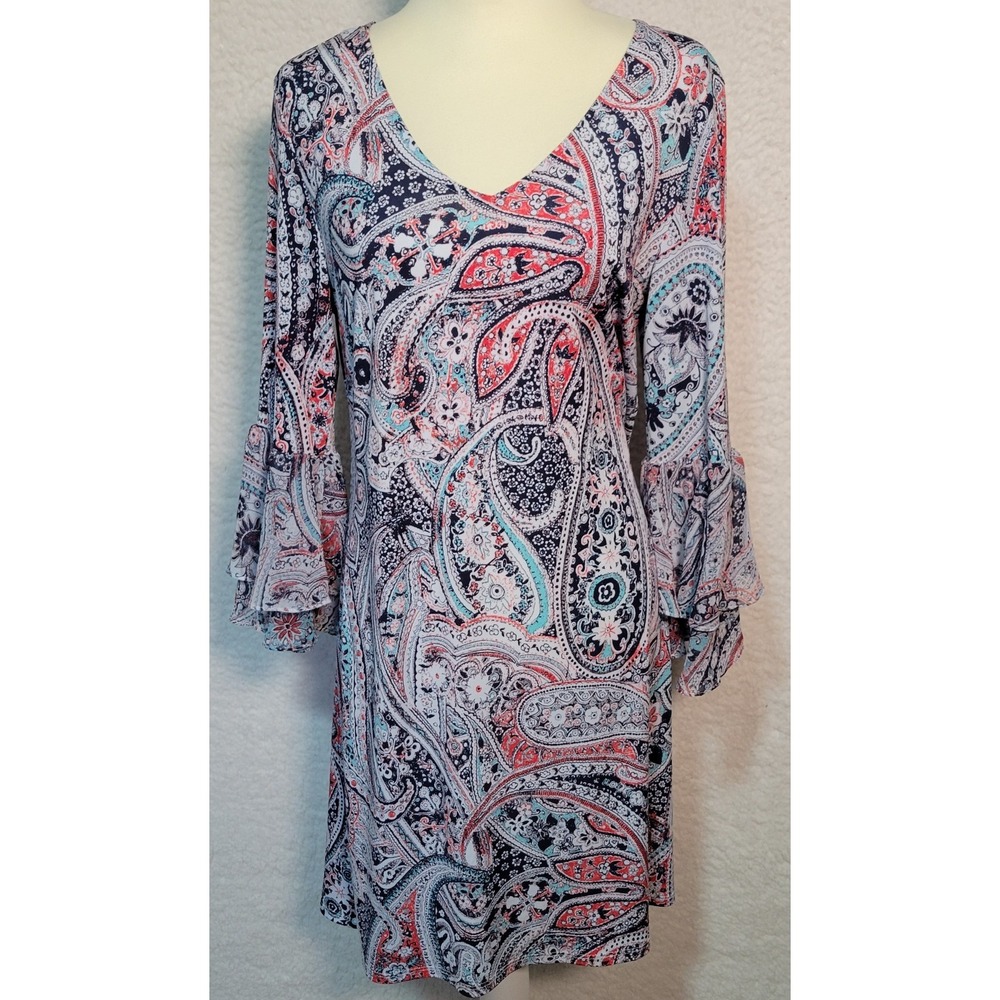 MSK Geometric Women's Dress Size M Bell Sleeve V-Neck Knee Length Boho 1861